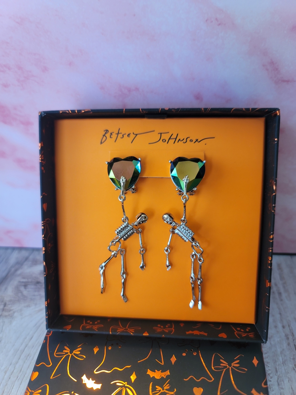 Betsey Johnson Iridescent Green Heart Crystal Skeleton Drop Earrings